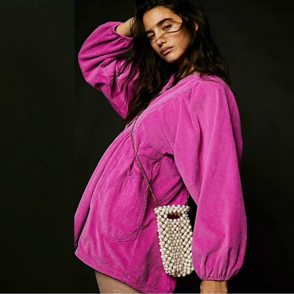 free people pink corduroy babydoll mini dress pockets button size s NEW - Picture 2 of 4